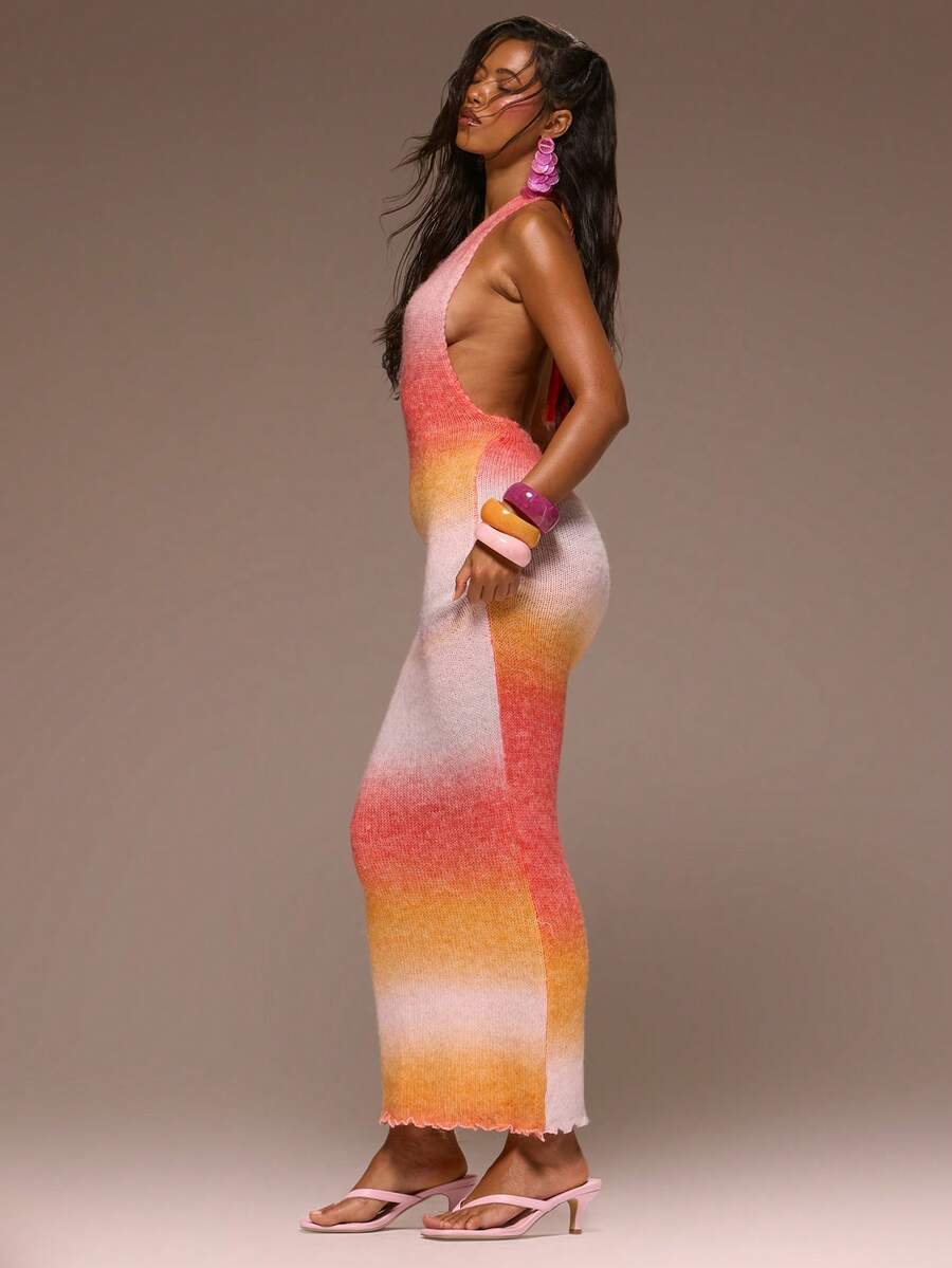 MUSERA Vestido maxi de punto con escote halter, bajo con borde de lechuga, degradado, ajustado, espalda baja, para primavera, verano, vacaciones, salidas nocturnas, ocasiones lindas, color arenas doradas - Multicolor - Ver 1