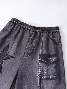 SHEIN 3 Stücke/Set für Teenager Mädchen: Farbverlauf gestreifter Fledermausärmel Cover-Up, einfarbiges Trägertop und Jeans mit Sternendruck und Destroyed-Effekt, Retro-Chic Straßen-Stil - Schwarz - Übersicht 6