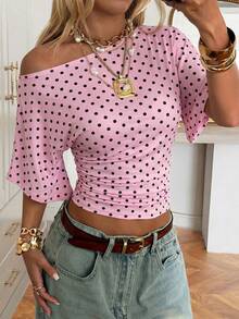 SHEIN EZwear Women's Contrast Polka Dot Print Short Sleeve Top - Pink - View 5