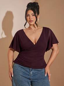 SHEIN BAE Große Größen V-Ausschnitt Kreuz-Design elegantes Sommer Mesh Top für Frauen, geraffte Taille Kurven Lässig für Date Night, Party, Urlaub, Y2k - Rot-violett - Übersicht 5