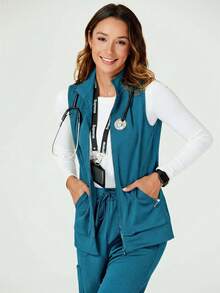 TaskEZ Solid Color Stand Collar Zip-Up Sleeveless Scrub Uniform Jacket - Mint Green - View 3