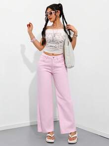 SHEIN PETITE 純色斜口袋休閒直筒牛仔褲，小碼女款 - 淺粉色 - 查看 6
