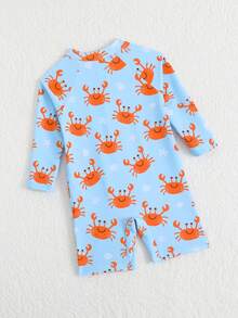 SHEIN 6-9M Baby Boy Long Sleeve Swimsuit, Cute Crab Cartoon Print One-Piece Swimwear For Infant Boys, Suitable For Beach, Vacation, Play, Sand, Holiday, Travel, Summer Rashguard For Baby Boy Rompers For Baby Boy Unisex Baby Clothes Baby Clothes Sleepwear For Baby Toddler Swim Wear Baby Bathing Suits Baby Beach Wear Swim Suit For Boys - Multicolor - View 2