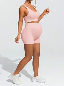 SHEIN 孕妇夏季纯色交叉绑带运动短裤和运动文胸套装 - 藕粉色 - 查看 9