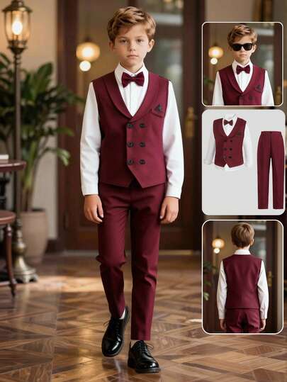 SHEIN Bộ 2 món cho bé trai tuổi teen: áo ba lỗ màu trơn phối ngực và quần màu trơn, thiết kế đơn giản, phù hợp cho tiệc sinh nhật, đám cưới, dạ hội, lễ tốt nghiệp, ngày Valentine.