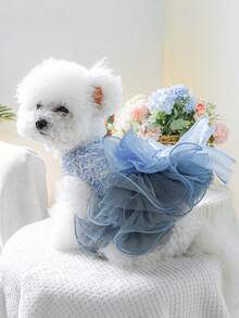 PETSIN 1件猫狗通用服装，奢华蓝色亮片宠物连衣裙，超大水钻蝴蝶结装饰优雅网纱公主裙 - 藍色 - 查看 8
