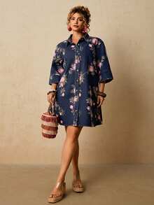 Travachic Plus Size Casual Boho Floral Print Button Front Denim Dress Vacation Dusty Blue Autumn - Dark Wash - View 7
