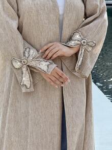 Yasmyna Bata elegante árabe para mujer con parches, moño y puños con lentejuelas - Albaricoque - Ver 7