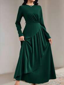 Veilorie Women's Solid Color Round Neck Long Sleeve Pleated Minimalist Casual Long Dress Long Evening Dresses - Dark Green - View 5