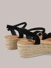 Styleloop Sandalias de cuña de plataforma casual de unicolor tejidas de moda para mujer, estilo bohemio de vacaciones, suela de lona vintage francesa, parte superior de franela, tacón de cuña, correa de tobillo, estilo occidental, ropa para festivales de música, zapatos de primavera y verano, primavera, Pascua - Negro 1 - Ver 6