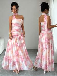 SHEIN Franclia Women's Floral Print Pleated Elegant Flowing Long Dress - Pink - View 8