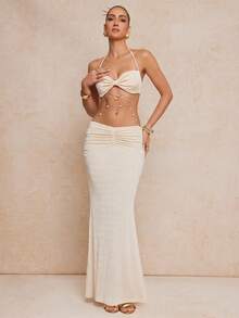 Lumalex Robe élégante et sexy pour femmes avec décoration de chaîne au dos, couleur abricot - Nude - Voir 13