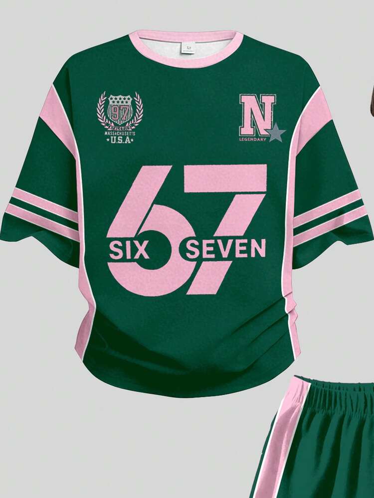 2pcs Tween Girls Casual Minimalist Digit 67 Print Short Sleeve Top And Shorts Set, Suitable For Summer - Multicolor - View 5