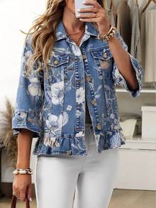 Breezaya Áo khoác denim nữ in hoa phong cách thường ngày - Màu xanh lam - Xem 1