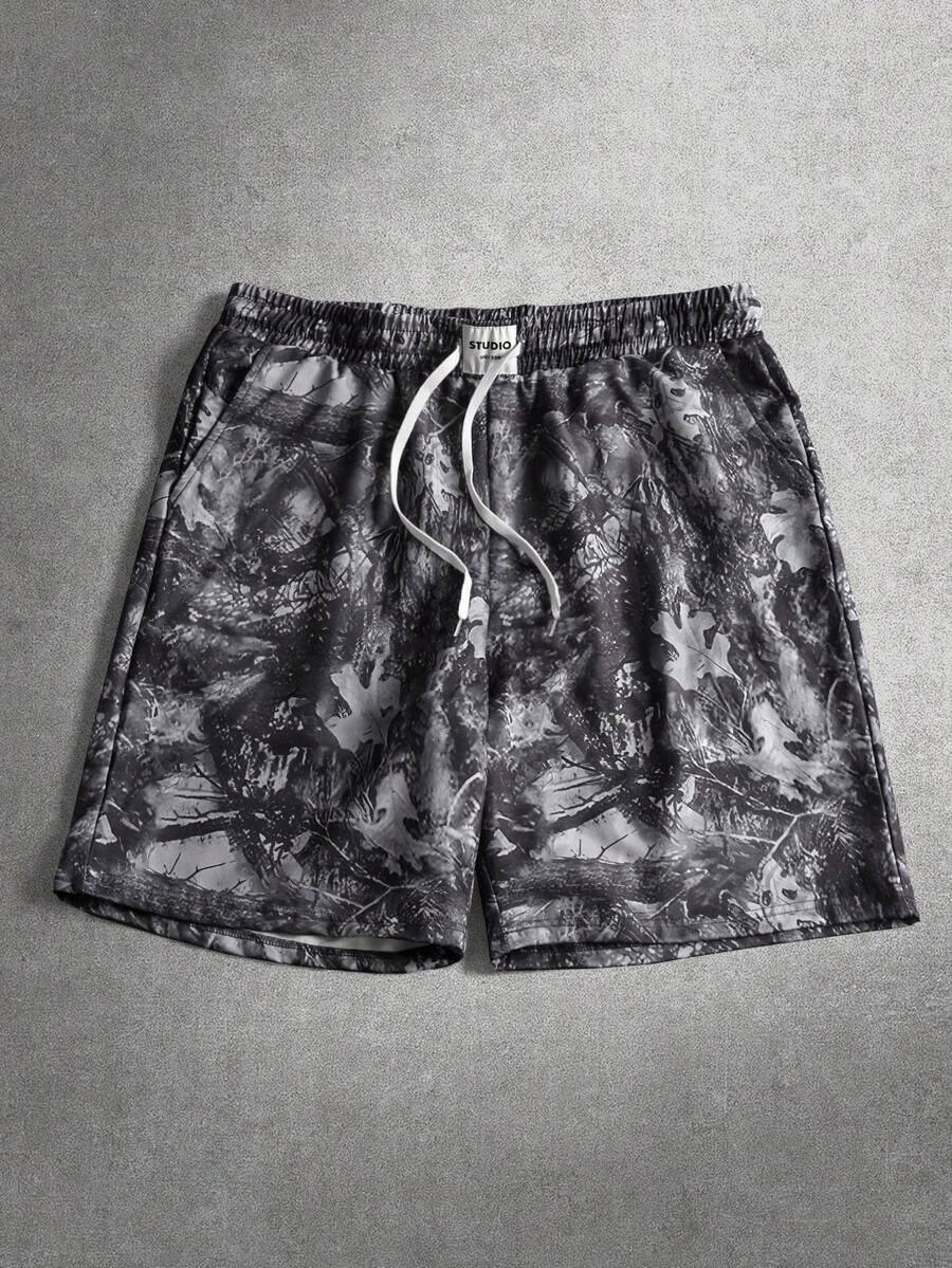 INCRYTM Men's Drawstring Waist Plant Print Casual Versatile Daily Outing Shorts - Army Green - View 1