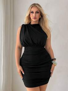 Auralis Elegant Black Autumn Bodycon Mini Dress For Women,Night Out Club Party Boat Neck Ruched Sleeveless Stretchy Asymmetrical Hem Plus Size Y2K Outfit - Black - View 4
