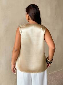 Auralis Plus Size Champagne Summer Elegant Khaki Satin Blouse, Floral Applique Pleated Collar Halter Neck Sleeveless Pullover Top For Party Wedding Prom - Khaki - View 3