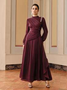 Anewsta Vestido elegante e brilhante com drapeados e mangas compridas, ideal para primavera/verão, festas, casamentos, Ano Novo e Dia dos Namorados. - Violeta vermelha - Ver 6