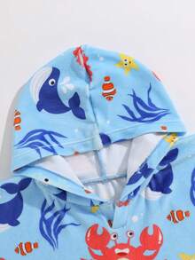 Cozy Pixies 新生儿可爱海洋生物印花连帽罩衫泳衣，沙滩/度假风 - 藍色 - 查看 3