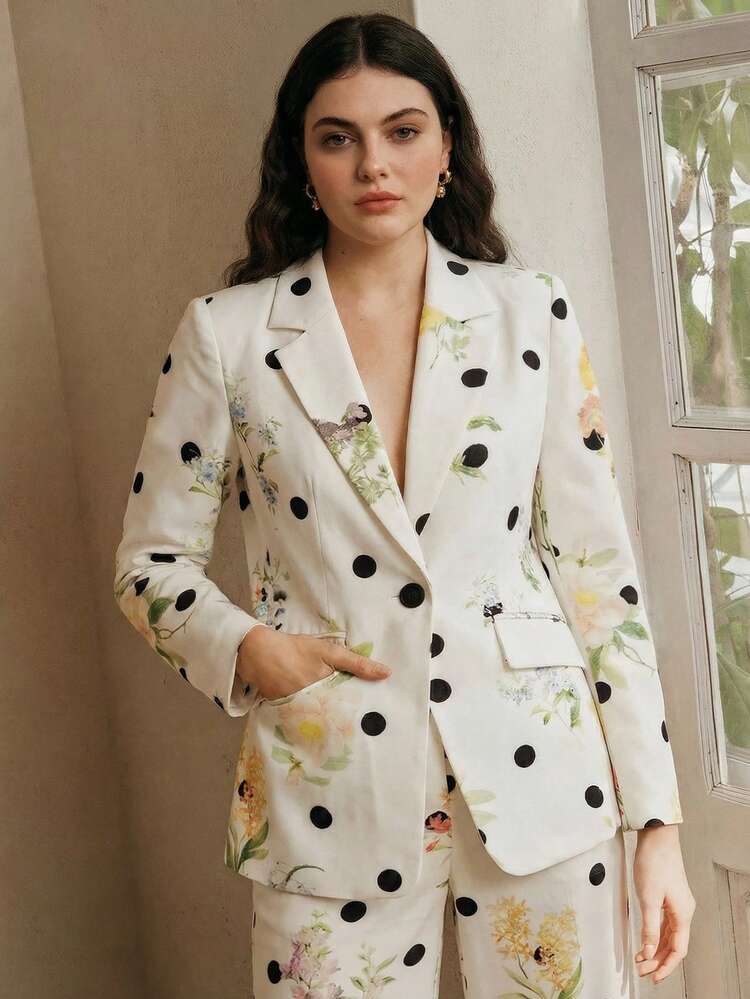 Women's Fashionable High-End Polka Dot & Floral Cinched Waist Plus Size Blazer, Suitable For Going Out, Party, Formal Occasions