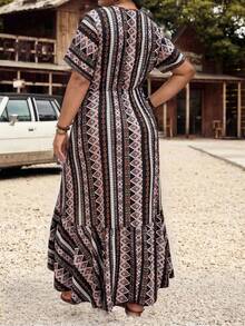 Breezaya Plus Size Women Bohemian Style Beach Gym Vacation V-Neck Short Sleeve A-Line Ruffle Hem Maxi Casual Dress Brown Summer - Multicolor - View 2