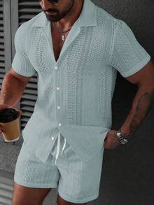 VENTUSAIL Men's Solid Color Front Button Short Sleeve Shirt And Slant Pocket Shorts Set, Holiday - Green - View 3