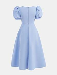 SHEIN 少女方领收腰褶皱优雅泡泡袖连衣裙 - 淺藍色 - 查看 3