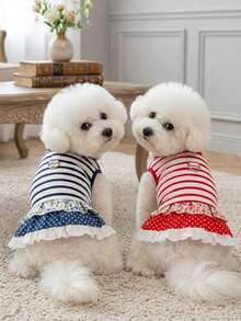 狗狗服装、猫咪服装、动物裙装、宠物春夏新品系列、幼犬连衣裙、公主风百搭连衣裙、条纹印花、小型动物服装、清凉防晒霜 - 彩色 - 查看 2