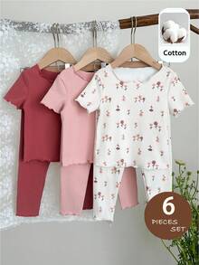 LMoss Kids LMoss 6件套女婴针织花卉荷叶边领休闲T恤和裤子家居服套装 女婴夏季服装 女婴服装套装 女婴服装套装 - 彩色 - 查看 3