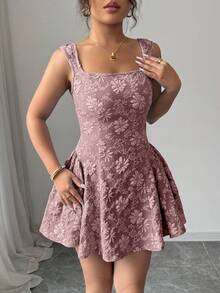 Vestido mini azul de mujer con cuello ancho, sin mangas, cintura recogida y textura de jacquard, elegante y romántico para graduación, baile de graduación, fiesta, festival de músi - Rosa vieja - Ver 6