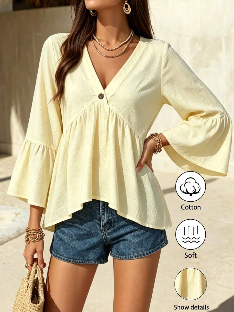 EMERY ROSE Áo sơ mi nữ màu trắng cổ chữ V tay bèo kiểu dáng thường ngày - Màu be - Xem 1