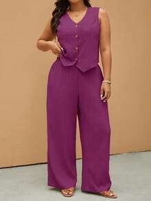 SHEIN Elaquor Plus Size Summer Casual Everyday Commute Solid Color Button Front Tank Top And Pants 2 Pieces Set - Purple - View 5