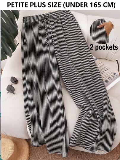 SHEIN PETITE CURVE Plus Size Women's Spring/Summer New Striped Beach Shorts, Suitable For Occasions Like Valentine's Day, Commuting Fashion, Striped Wide-Leg Pants With Pockets. Beach Resort/College Student Holiday Style Cruise Ship Summer Loose Pants/Loose Pants, Plus Size Women Casual Pants,Suitable For Occasions Such As Summer, Spring, Valentine's Day, Carnival, Beach, Vacation, Leisure, Parties, Weddings, Etc., Elegant And Fashionable,Mother's Day,King's Day, Summer Outfit For Women, Festival Outfits For Women, Summer Outfits For Women, Women's Sweatpants, Country Style For Women, Black Pants