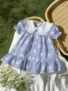 SHEIN Vintaside Kids Đầm công chúa cho bé sơ sinh với họa tiết trái tim hoạt hình dễ thương, có dây đeo và nơ trang trí, thích hợp cho các chuyến đi chơi, kỳ nghỉ và tiệc tùng mùa xuân/hè. - Màu xanh lam - Xem 3
