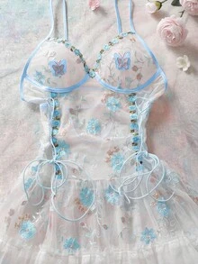 FairyFlirt 花卉刺绣拼接薄纱系带性感睡裙（女士款） - 白色 - 查看 6