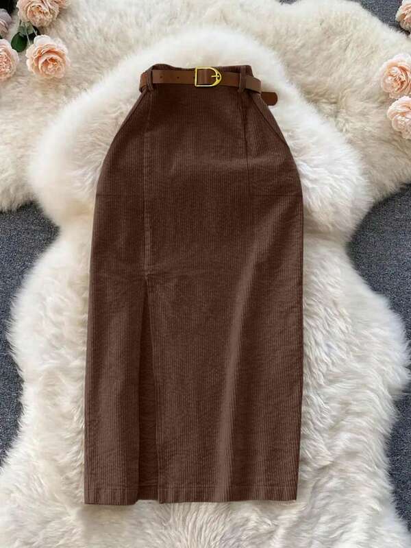 Franclia Women's Solid Color Corduroy Pocket Slit Skirt With Belt