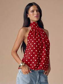 SHEIN BAE Áo croptop hở lưng cổ yếm chấm bi đen trắng gợi cảm, thích hợp cho các lễ hội âm nhạc, kỳ nghỉ. - Đỏ - Xem 5