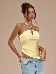 SHEIN BAE Blusa elegante sin espalda con cuello halter en color albaricoque y blanco para mujer, top satinado sexy y elegante, para primavera/verano - Amarillo - Ver 3