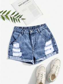 SHEIN Essnce Summer Vacation Y2K Distressed High Waist Ripped Denim Shorts Light Blue Street Style Going Out Plus Size Women Jean Shorts - Medium Wash - View 1