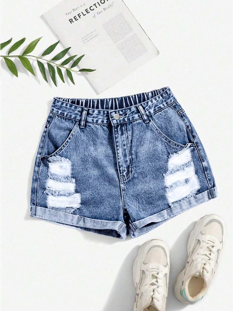 SHEIN Essnce Summer Vacation Y2K Distressed High Waist Ripped Denim Shorts Light Blue Street Style Going Out Plus Size Women Jean Shorts - Medium Wash - View 1