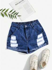 SHEIN Holidaya Shorts vaqueros casuales de talla grande para mujer con cremallera, botón, bolsillos y efecto desgastado - Azul lavado oscuro - Ver 3