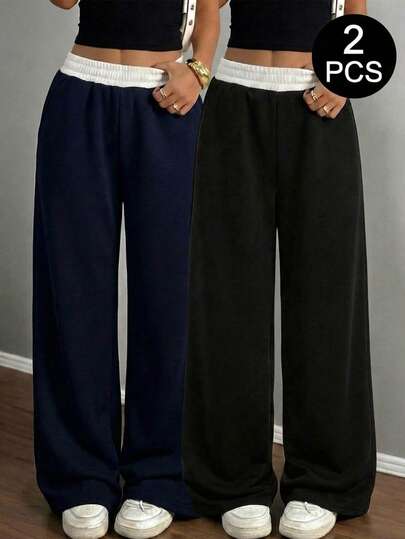 SHEIN Quần nỉ rộng rãi, thoải mái cho bé gái tuổi teen, cạp chun, ống rộng, phối màu, phù hợp cho mùa xuân, hè, thu đông và mùa tựu trường.