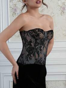 Criza Taa Women's Lace Patchwork Bandeau Top Women Lace Up Sweetheart Neckline Black Corset Top Corset Top Dress Corsets Women Tops Strapless Bodysuit Lace Tube Top Bustier Dress, Christmas - Black - View 4