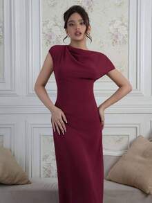 Criza Taa Váy dài đi làm thanh lịch tối giản không đối xứng mới dành cho phụ nữ, váy dự tiệc cưới cho phụ nữ - Màu Đỏ Sâu - Xem 1