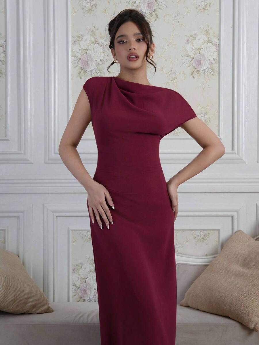 Criza Taa Váy dài đi làm thanh lịch tối giản không đối xứng mới dành cho phụ nữ, váy dự tiệc cưới cho phụ nữ - Màu Đỏ Sâu - Xem 1