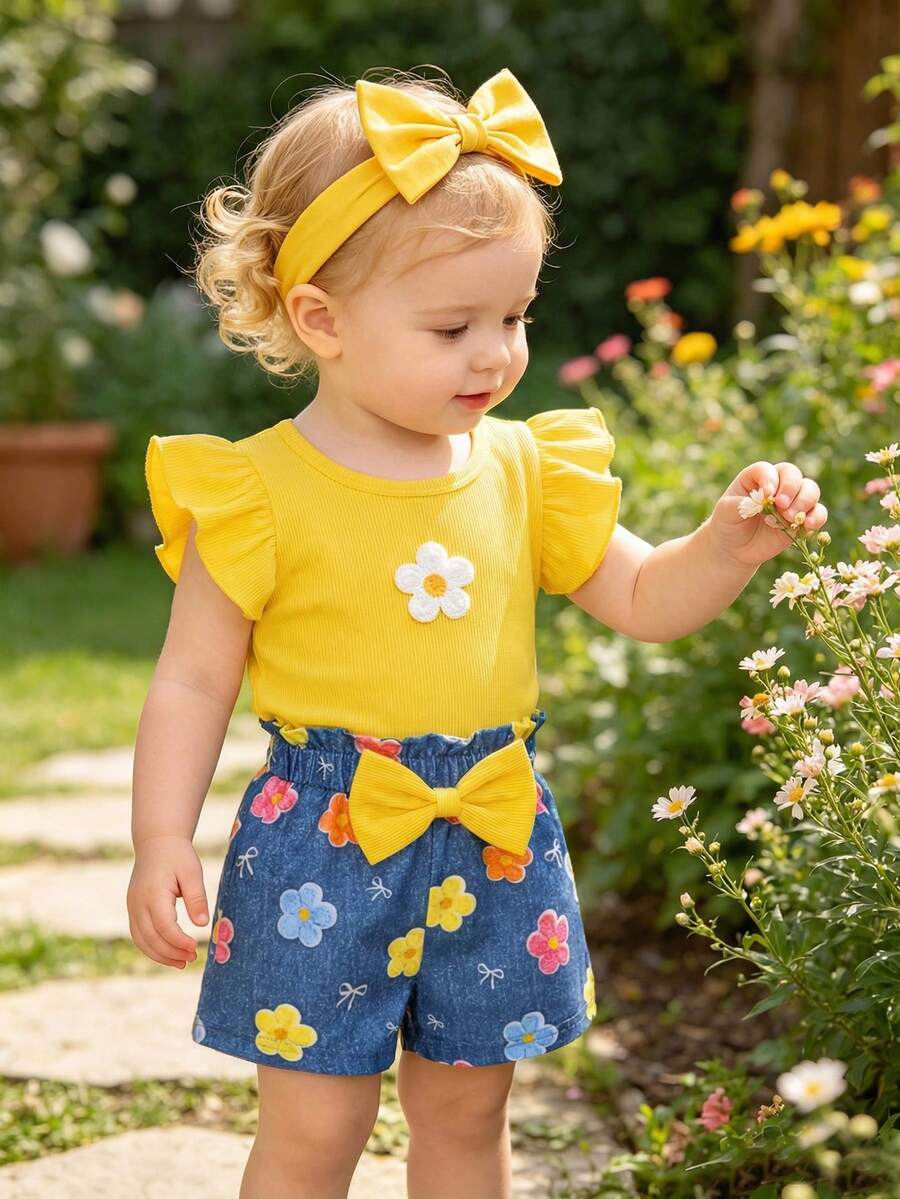 SHEIN Playful Pals Conjunto de top con mangas de volantes y shorts con lazo con estampado de corazones y girasoles para niñas bebés, primavera/verano - Amarillo - Ver 1