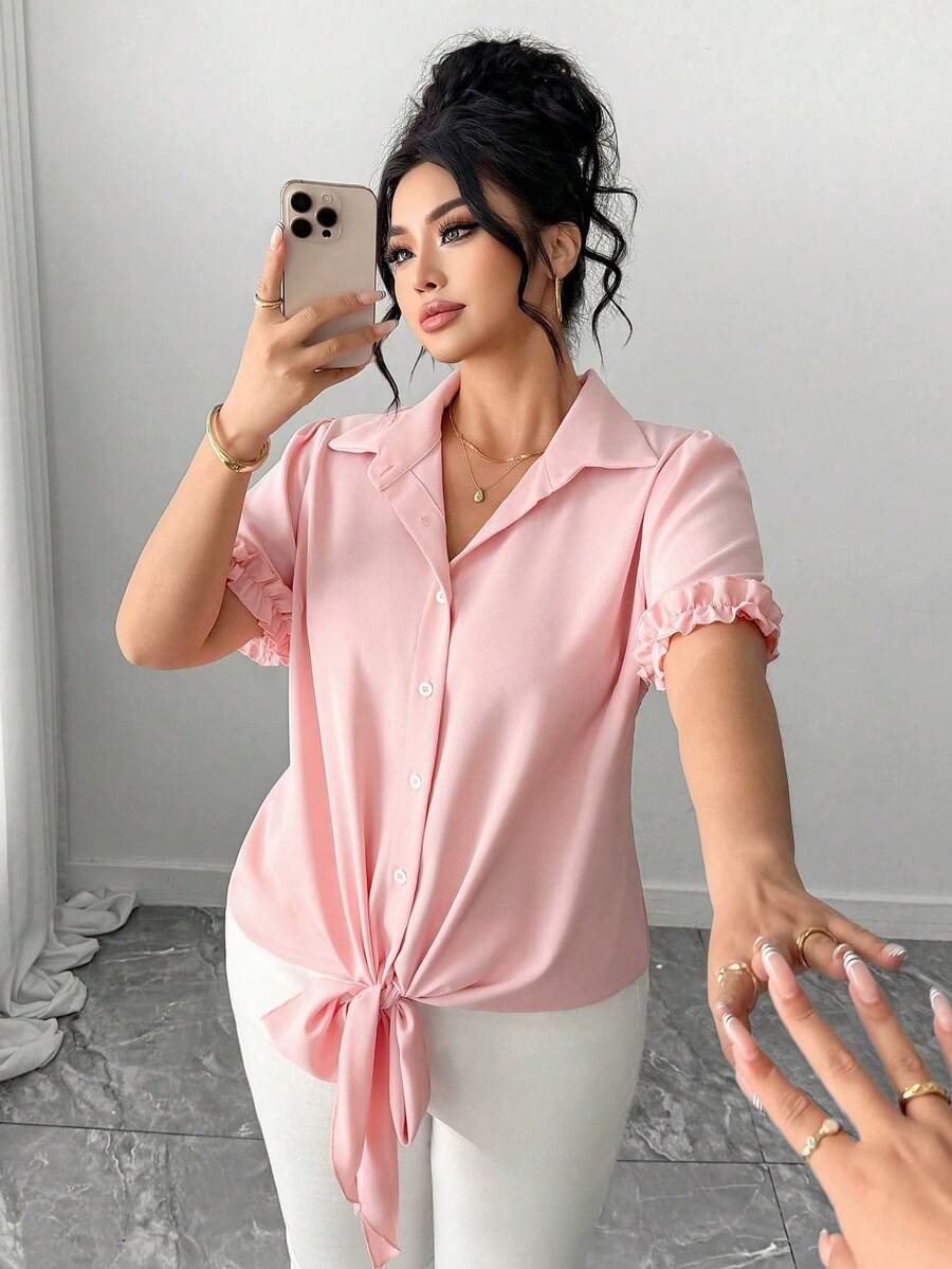 Elenzga Plus Size Women Pink Blouse, Ruffled Collar, Cuffs, Hem With Tie Waist, Fashionable Casual Romantic Commute Everyday Versatile, Spring/Summer - Dusty Pink - View 1