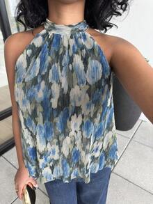 Alexandranx 女士时尚上衣，轻盈雪纺露背吊带宽松休闲背心，适合春季、夏季和情人节穿着。 - 藍色 - 查看 3