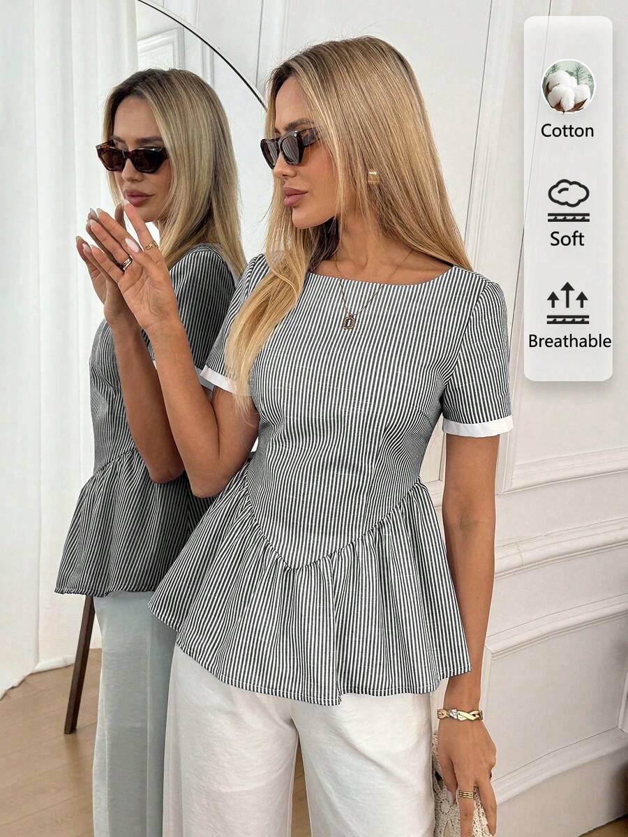 Easowa Maglietta a peplum con stampa a righe, casual per vacanze e pendolarismo, outfit estivo da donna, abbigliamento casual - Bianco e nero - Visualizzare 1