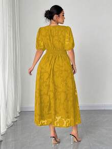 Elenzga Plus Size Women Summer V-Neck Short Petal Sleeve Textured Elegant A-Line Dress - Yellow - View 3